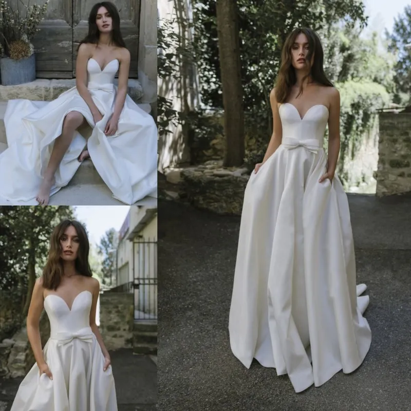 lihi hod 2019 Satin Sweetheart Wedding Dresses With Wrap Strapless Beach Boho Bridal Gowns robe de mariée Plus Size Bow Wedding Dress