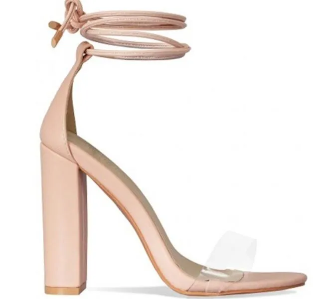 Transparent PVC Ankle Strap Women Pumps Peep Toe High Heels Women Sandals Pink Nude Lace-Up Block Heels Women Shoes