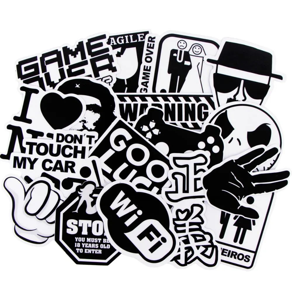 50Pcs Black And White Random Cool Vinyl Decal Graffiti Sticker Skate Laptop  NEW