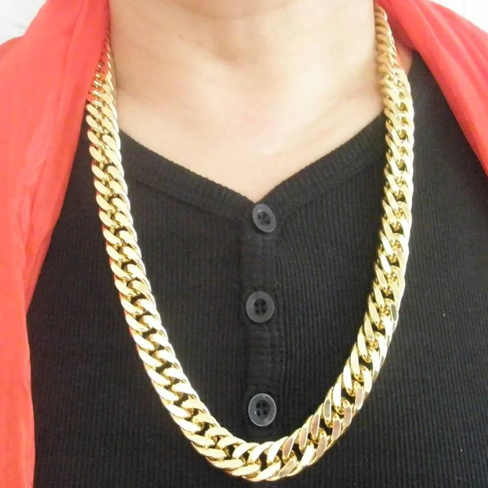 Heavy Mens Necklace Chain 18K Yellow Gold Filled Solid Double Curb Chain Jewelry 60cm Long 10mm Wide225p