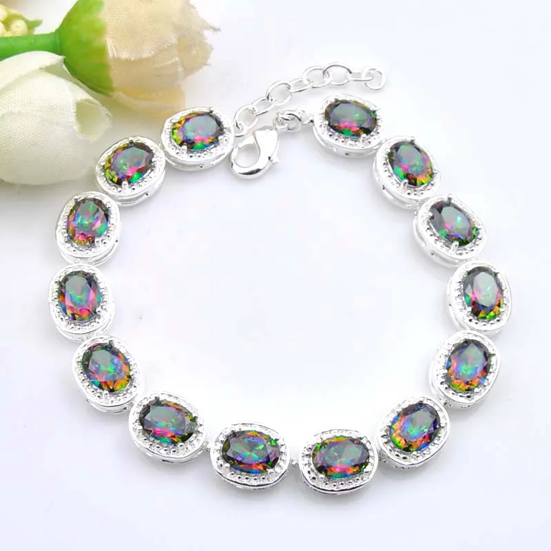 Classical Oval Shaped Mystical Rainbow Topaz Gem Silver Chain Bracelet Queen Gorgeous Zircon Fine Bracelet 8"inch B0002