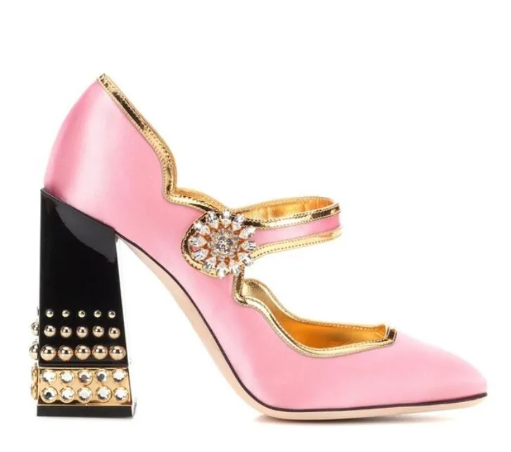 2018 Pink Silk high heels Ankle Buckle Strap Women Pumps Studded Rivet Block Heels Women Shoes Bling Crystal Bridal Wedding Shoes