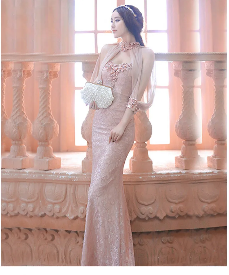 Wysoka szyja Koronki Prom Dresses Stylowe Zroszony Aplikacja Szyfon Długie Rękawy Suknia Saudyjska Arabia Glamorous Mermaid Formalne Dresses