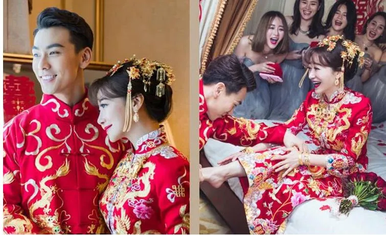 Traje de noiva, casamento chinês, gramíneas, enfeites de cabeça, casamento e brindes