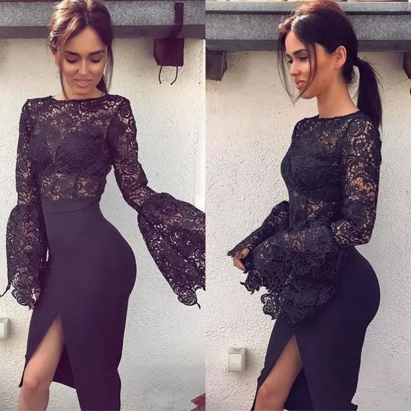 Sexy Little Black Cocktail Party Jurken Sheer Bodice Puffy Lange Mouwen Schede Zij Split Fall 2018 Prom Dress