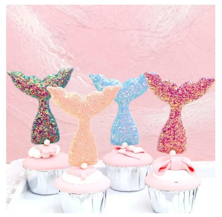 6 st / set glittrande sjöjungfrun svans tårta topper under fest dekoration havet hav tema födelsedag cupcake dekor bröllop baby shower tillbehör