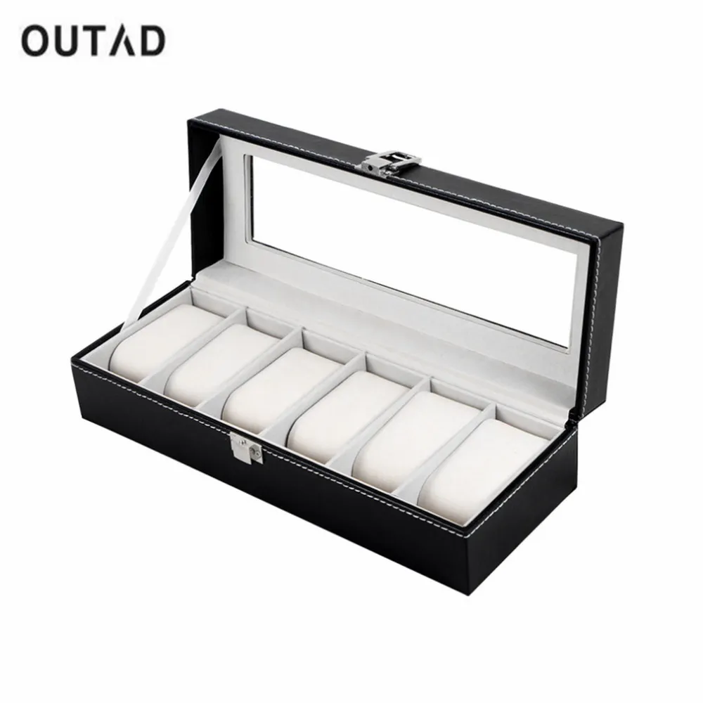 Outad 6 Grid Svart PU Läder Watch Box Refinement Slots Armbands Klockor Presentväska Smycken Display Boxar Förvaringshållare