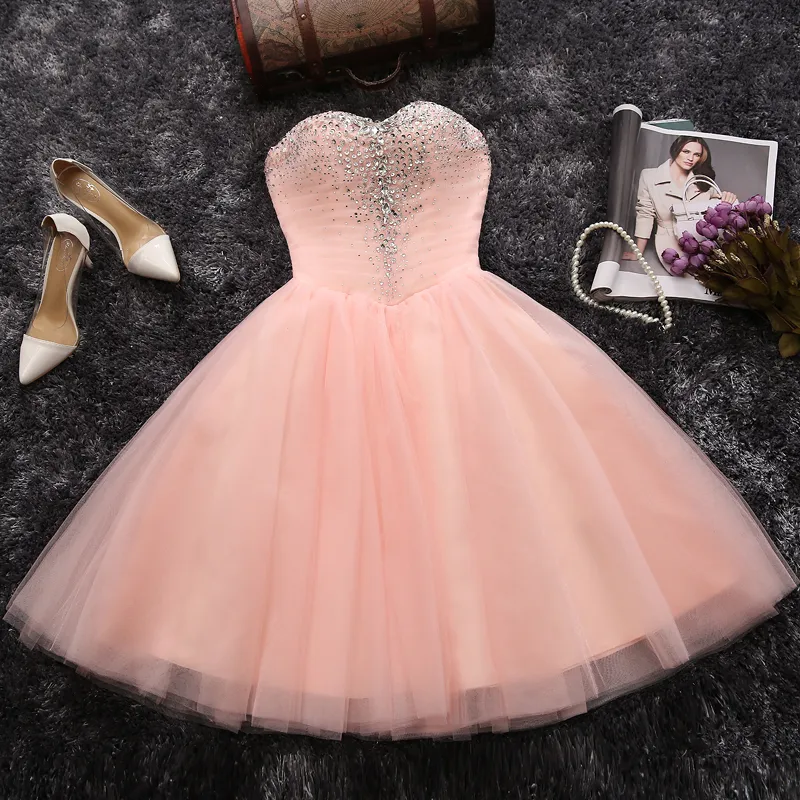 Pink Homecoming Dresses Short Party Dresses veck Tulle Ball Gown Prom Dresses Shining paljetter Pärlor LACE-UP BACK Black Prom Dress Billiga