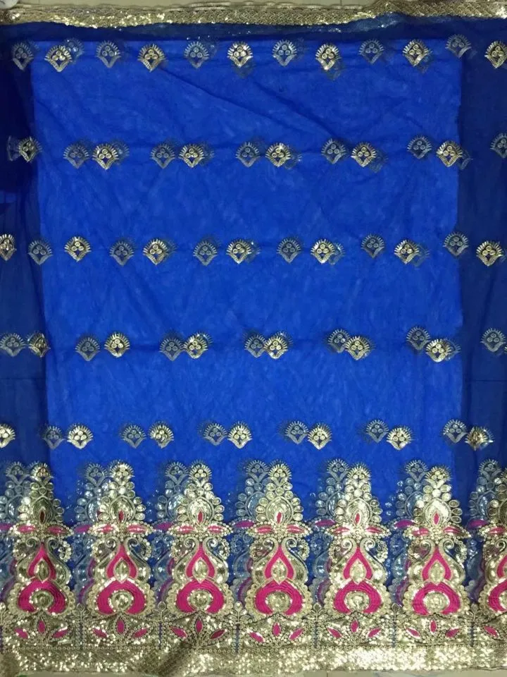 5yards fashion royal blue african george fabric with gold sequins and 2yards net lace set for dressing jg184