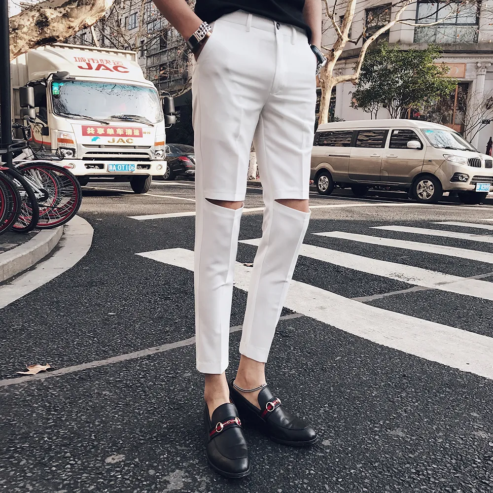 Ripped Solid Pant Slim Fit Men Dress Pant Office Trousers Men Pantalon Homme Slim Formal Broken Trousers For Man11