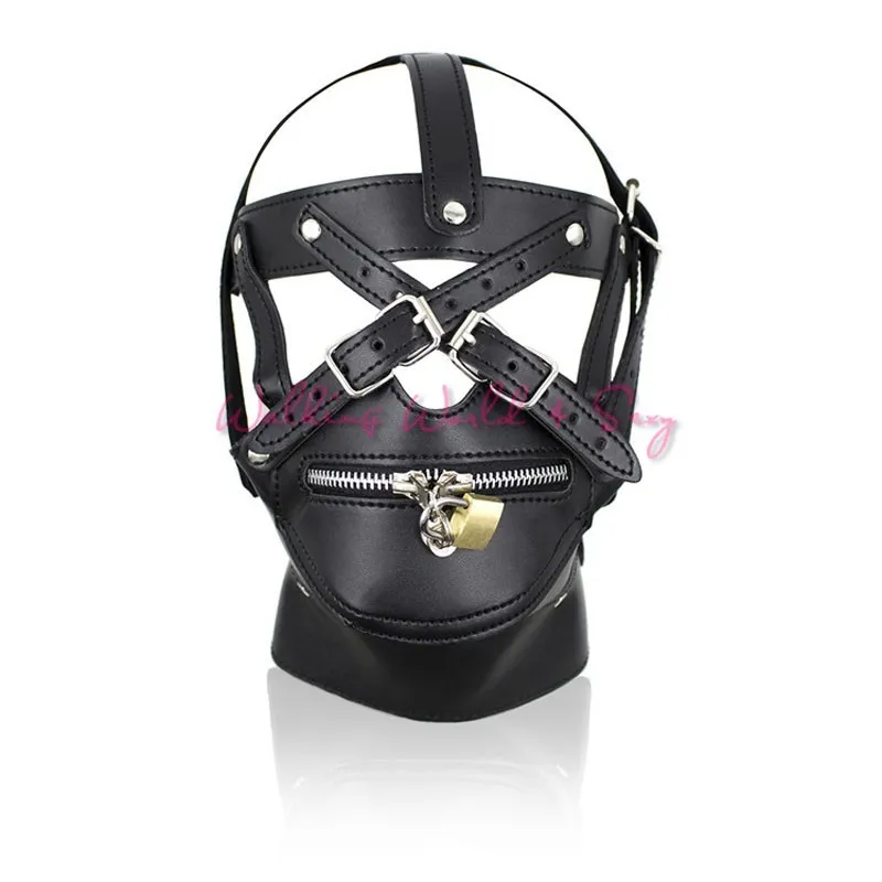 Adult Game Sex Toys Zipper Mouth Latex Pu Leather Mask Fetish Slave Sex Mask Bondage Hood With Lock Sex Products For Couples (2)