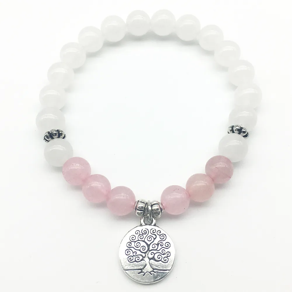 SN1307 Fashion Women`s Bracelet White Jade Beads Bracelet Rose Quartz with Tree of Life Charm Jewelry Best Gift for Her