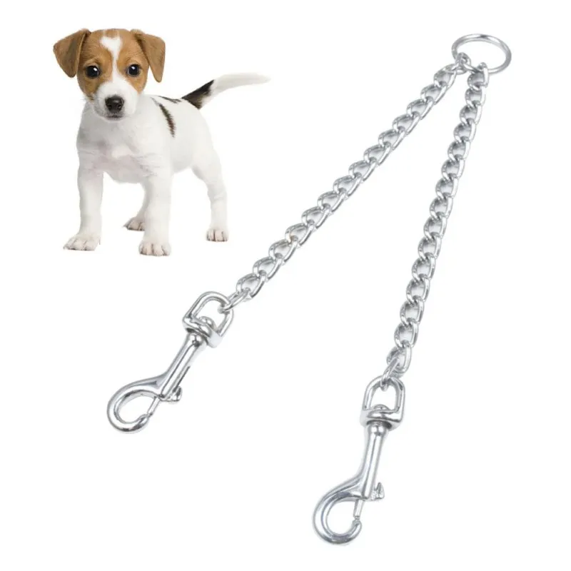 Guinzaglio doppio per guinzaglio per cani con catena cromata in metallo resistente per animali domestici Guinzaglio per addestramento a piedi per collare per cani a 2 vie Accessori per cani perro