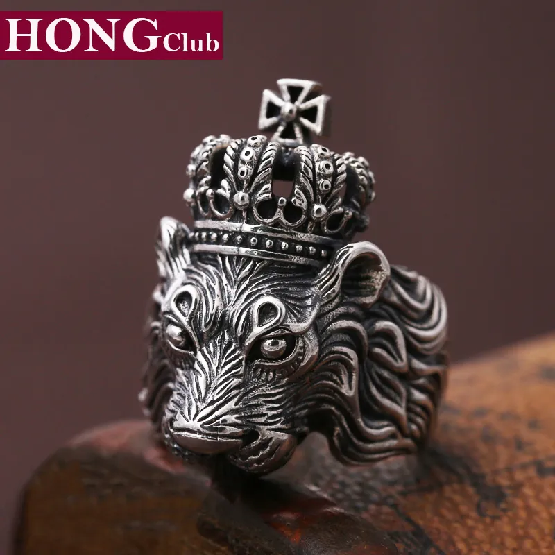 ganzer Verkauf2017 Neuer Herrenring 100% Echt 925 Sterling Silber Schmuck Vintage Tier Löwe Krone Kreuz LOVR Weihnachtsgeschenk Ring Herrenschmuck MR1