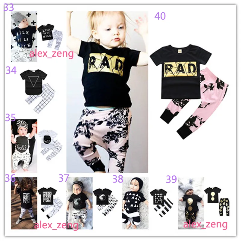 40 Style Baby Boys Girls Sets INS Fox Stripe Letter Suits Kids Infant Casual Short Sleeve T-shirt +Trousers Sets Newborn Pajamas