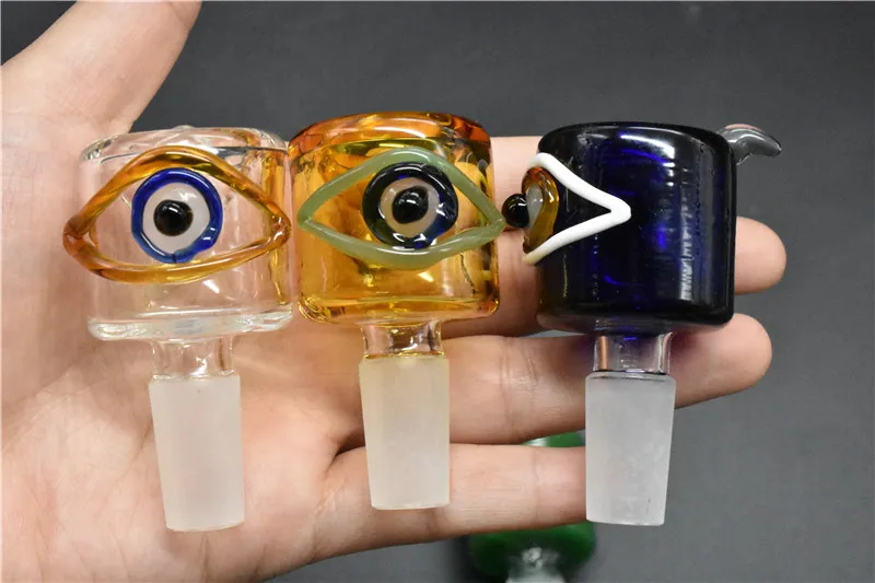 Gros BIG 14mm 18mm Bol Verre Eye Style Bols En Verre Pyrex Épais avec poignée Tabac Herb Eau Bong Bol Pièce pour Fumer MIX SIZE