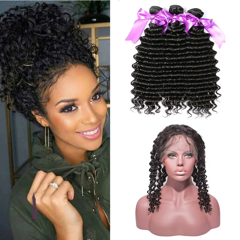 Brazilian Deep Wave 360 Lace Frontal With 3 Bundles Brazilian Curly Human Hair Bundles With Frontal Closure Brazilian Human Hair Extensions