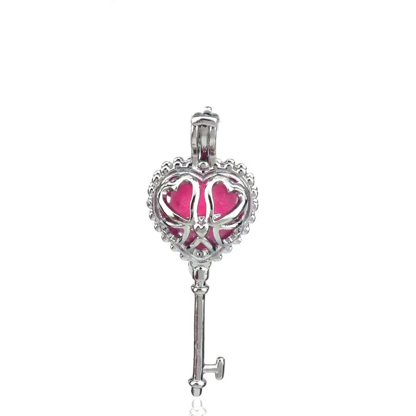 Silver Alloy Heart Key Girl Oyster Beads Cage Locket Pendant For