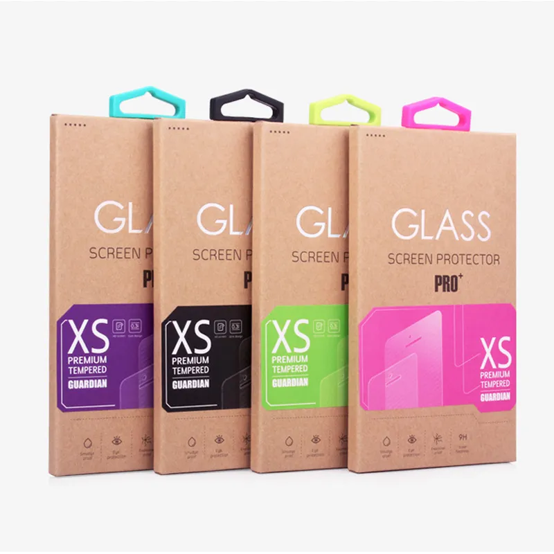 100 pezzi per scatola di imballaggio in vetro temperato Imballaggio in carta kraft per pellicola proteggi schermo con adesivi personalizzati per iPhone X 8 8 Plus
