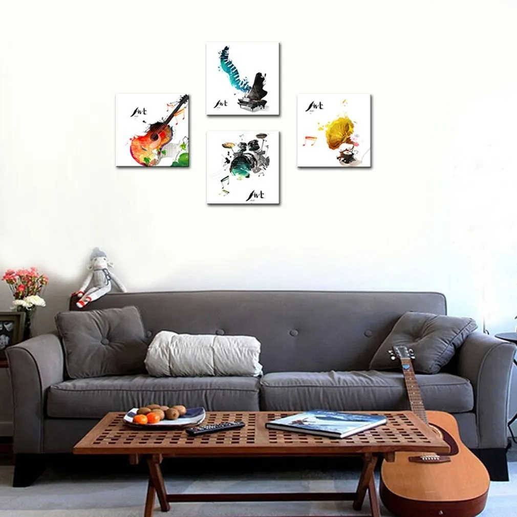 4 stuks canvas schilderij gitaar piano fonograaf en drum set vier soorten klassieke muziekinstrumenten afdrukken Home Decor houten ingelijste geschenken