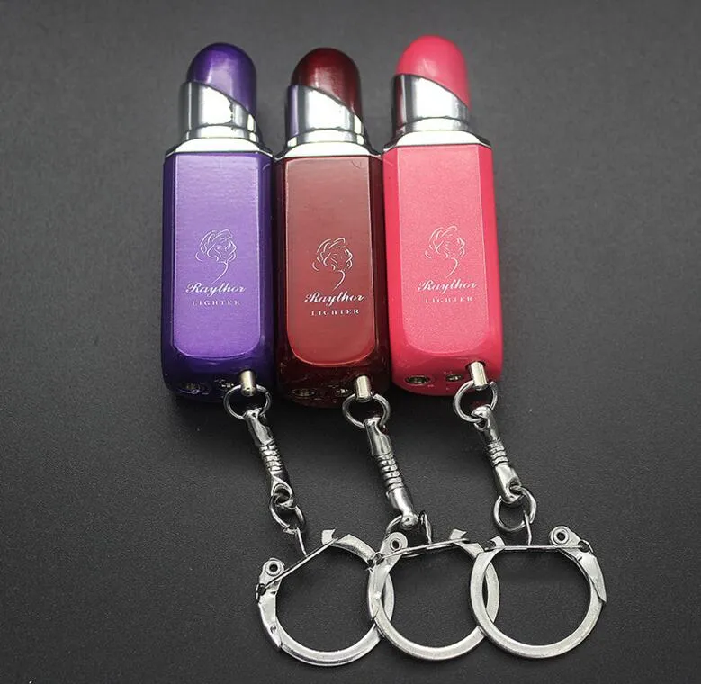 Lipstick Shaped Keychain Key Rings Lighter Refillable Butane Flame Cigarette Lighters Without Gas Multiple color For Lady Smoking Kitchen Tool