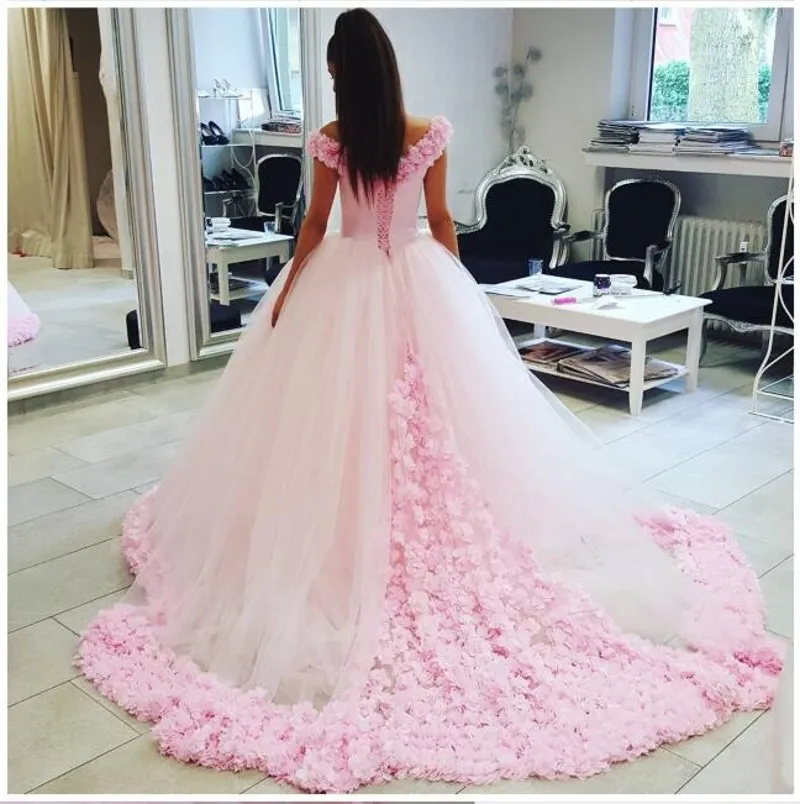 Off Shoulder Pink Ballgown Pink Wedding Dress With 3D Floral Appliques Lace Up Back And Sweep Train In Custom Tulle From Xzy1984316 221.11 DHgate.Com