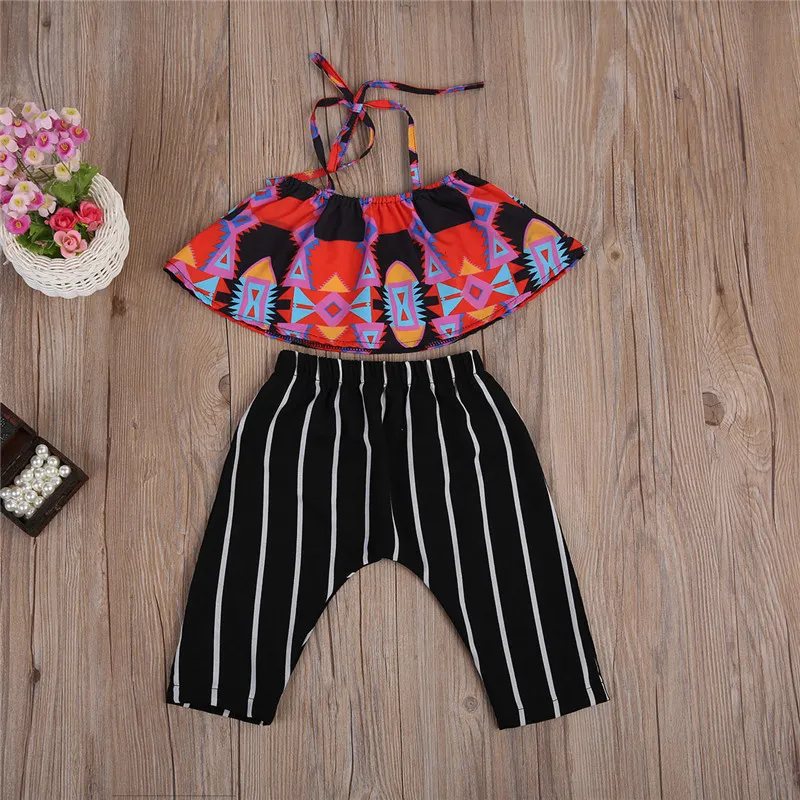 2018 Summer Boutique Girls Set Infant Abbigliamento bambini Neonate Boho Crop Top + Pantaloni Harem a righe Suit Bambini Toddler Girls Clothes