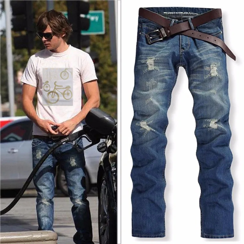 Män Straight Denim Jeans Tistressed Ripped Skinny Slim Motorcycle Moto Biker Causal Hip Hop Pants