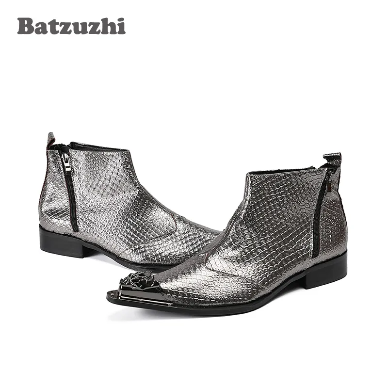 Japoński styl Handmade Mężczyźni Buty Metal Siate Toe Grey Leather Men Boots Ankle Party Wedding Botas Hombre Zapatos De Hombre