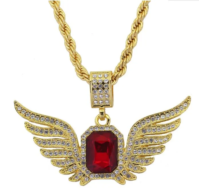 top necklace gift God Angel Wings with Big Red Stone Pendant Necklace Men Women Iced Out Jewelry2416721