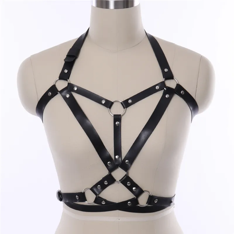 HARNAIS DE CORPS EN CUIR DE FEMMES Sexy Bondage Lingerie punk Goth Tops Cage Bra Harnais en cuir Ceinture Full Dance festival Rave Wear