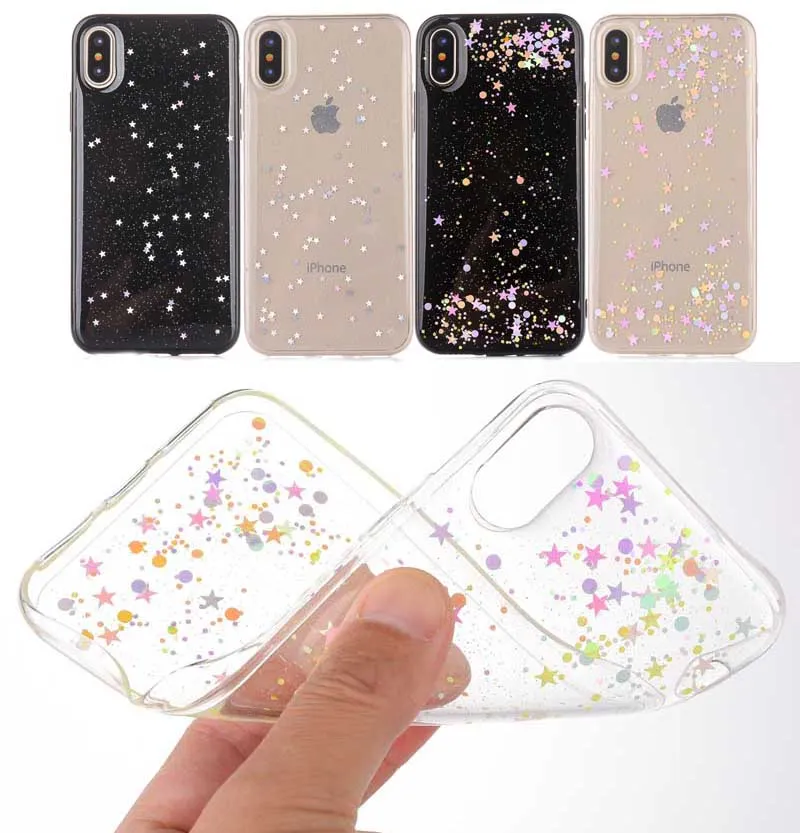 Epoxy Glitter Bling Starry Star Clear Custodia morbida in TPU trasparente iPhone 11 Pro Max XR X XS 8 Plus Samsung S10 Plus