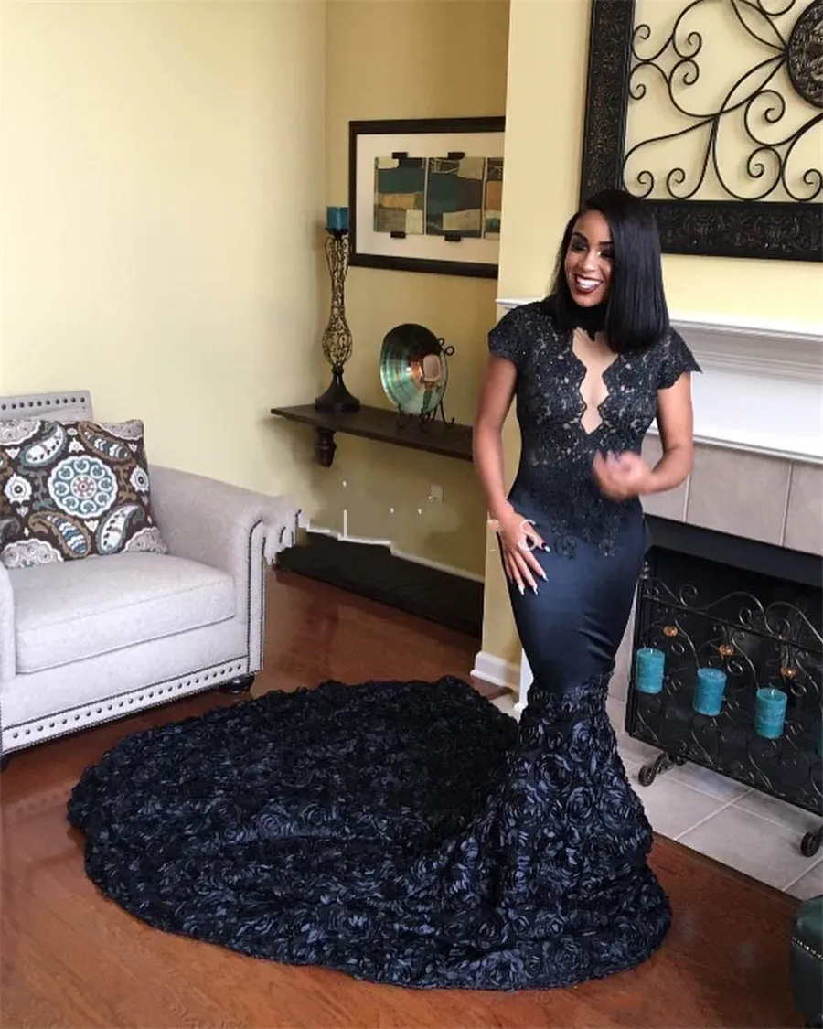 Elegant African Black Girls Long Train Pageant Black Floral Prom Dress With Scalloped Queen Anne Neckline 3D Rosette Mermaid Silhouette From Saruidress 253.27 DHgate.Com
