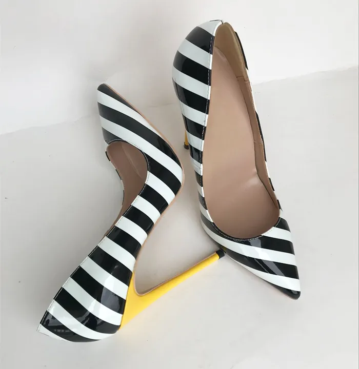 Striped heel shoesClassic Fashion Ladies Shoes Black White Stripes Pointy Toe Stiletto High Heels Dress Wedding Women Shoes Patent Leather