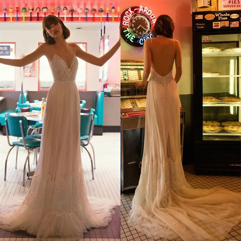2019 nouvelles robes de mariée de plage en tulle ivoire bretelles spaghetti dos nu en dentelle paillettes perlées robes de mariée Boho robe de mariée