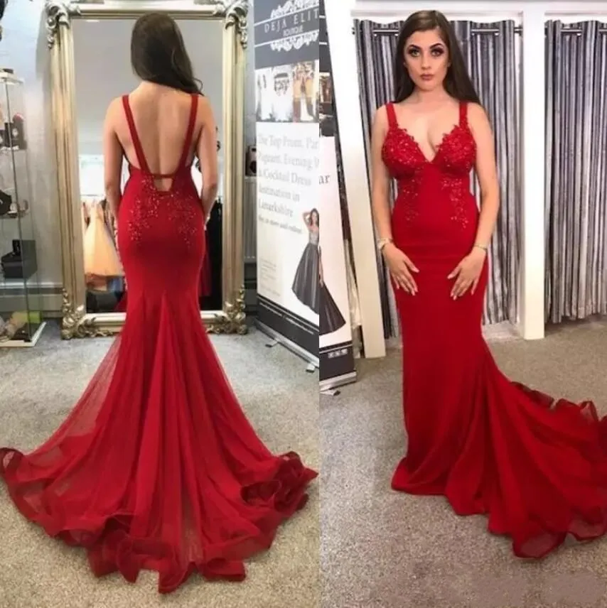 Sexy Red Prom Dresses Mermaid Lace Appliques Beaded Formal Evening Gowns Spaghetti Straps Backless Long Tulle Special Occasion Dress