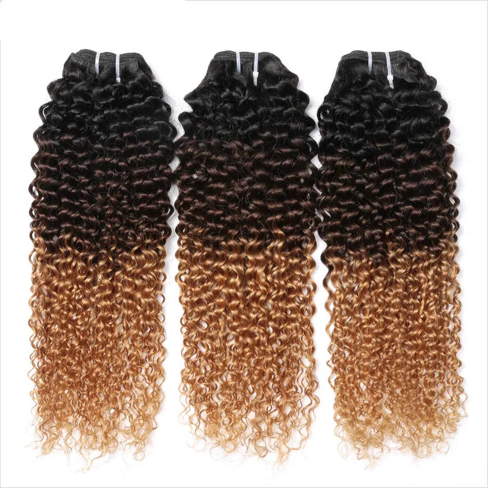 Brazilian Human Virgin Hair Weft Ombre 1b/4/27 Brown Blonde Kinky Curly Weaves Double Drawn 100g One Bundle