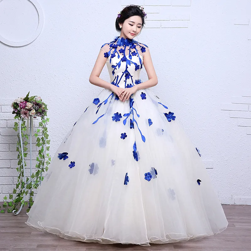 4 färg röd svart blå vintage hög nacke blommor bröllopsklänning 2018 ny koreansk stil prinsessa billig spetsboll vestidos de novia