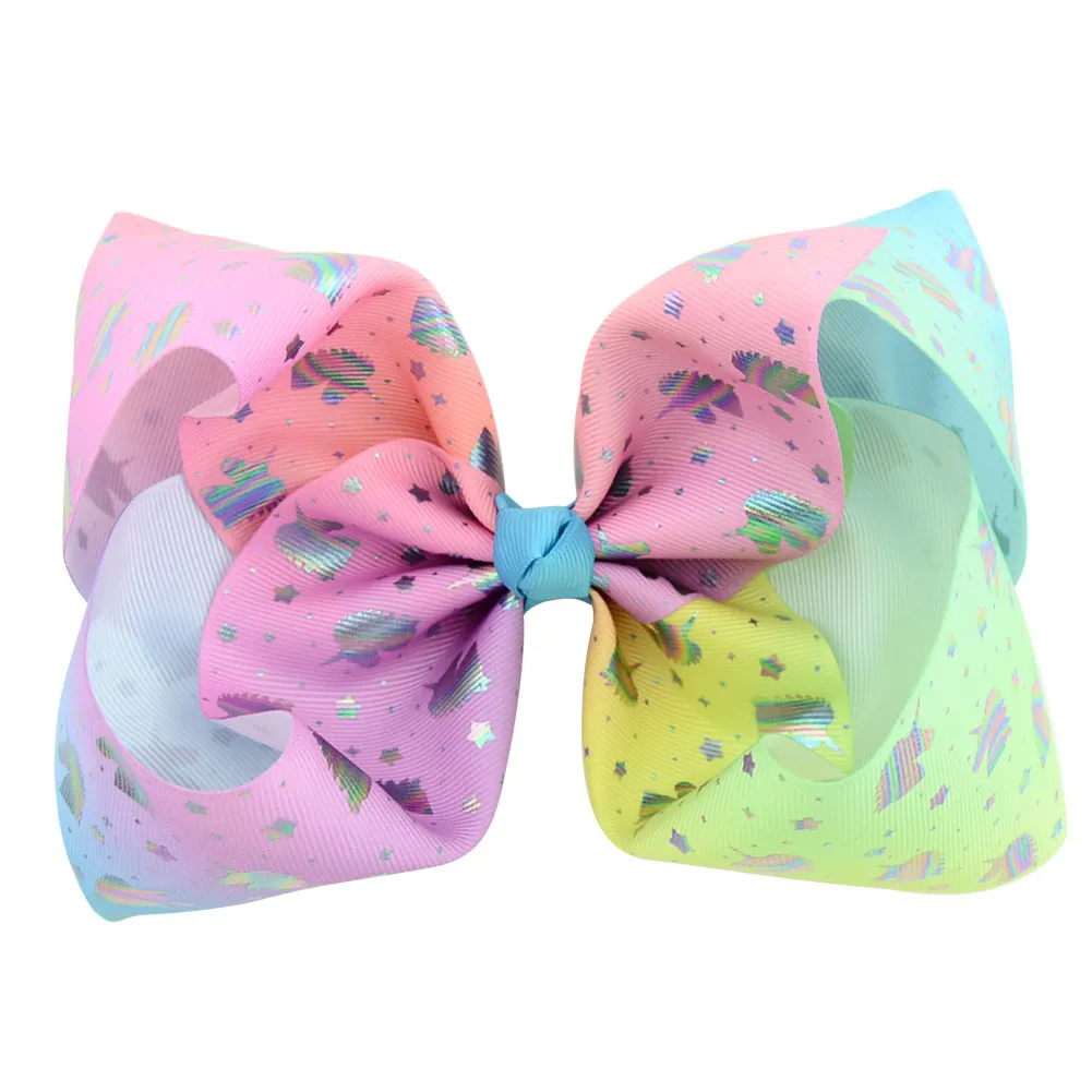 8 tum Jojo Bow Ribbed Ribbon Färgglada Printing Baby Girl Big Bowknot Bobby Pin Kid Hair Tillbehör 5 Design Blandade