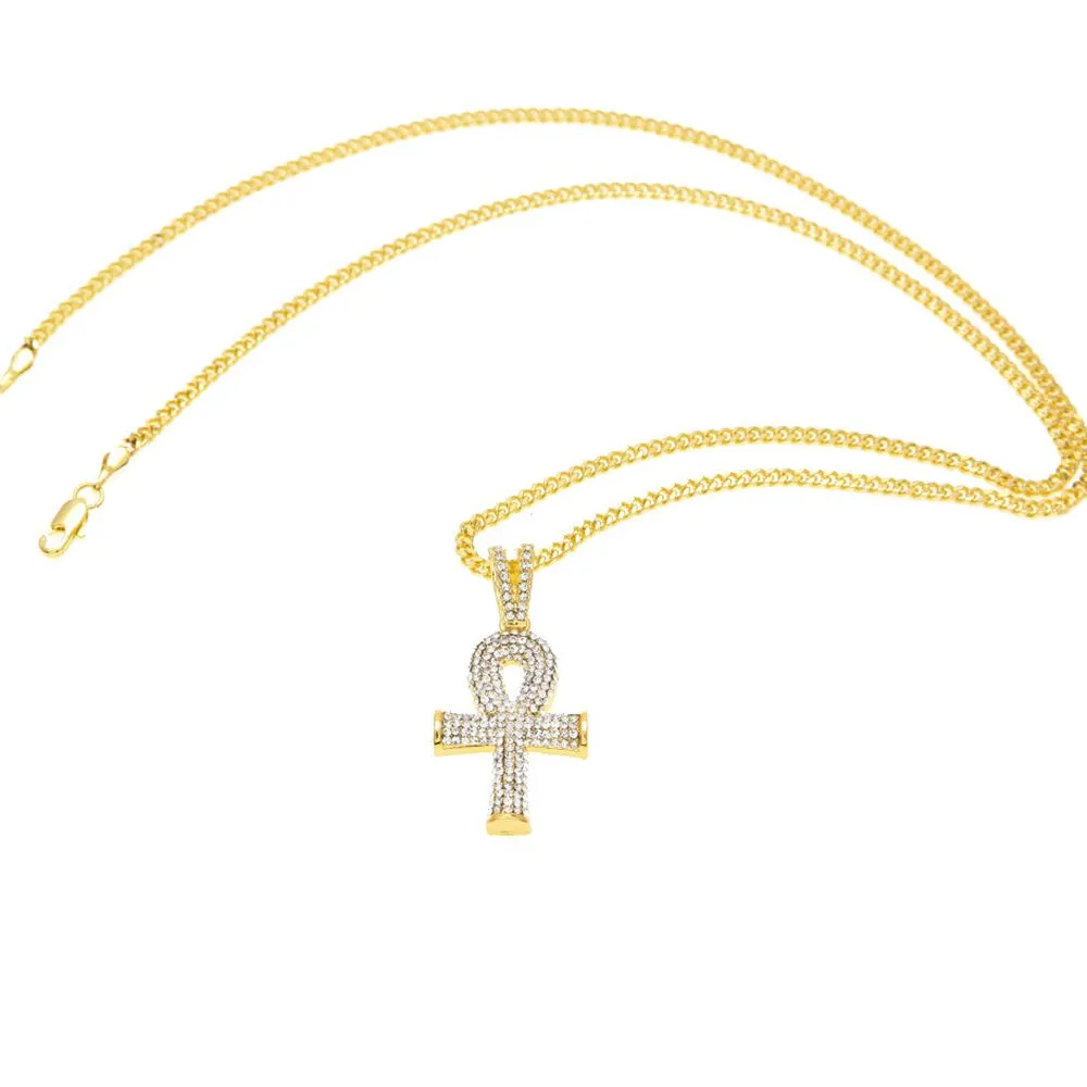 Ägyptischer Ankh-Schlüssel-Bling-Anhänger-Halskette, 18 Karat Gelbgold gefüllt, Hip-Hop-Damen-Herren-Charm-Anhänger-Kette