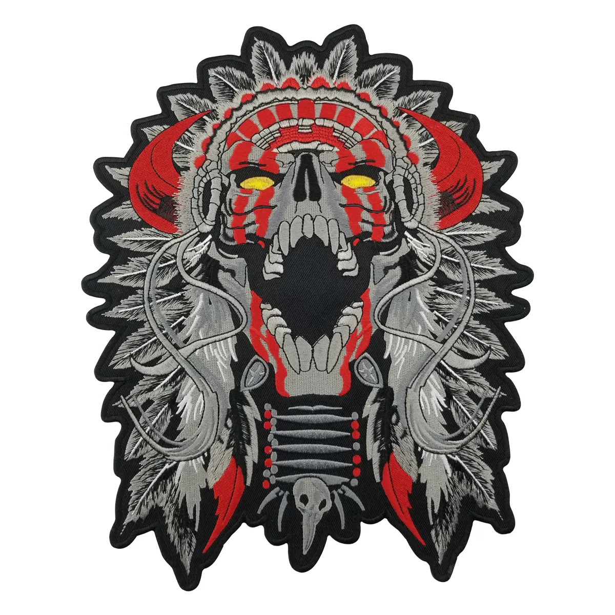 Gratis frakt Stor Horned Chief Death Skull Indian Motorcycle Biker Back Patch 11 "Mc Rider Vest Patch