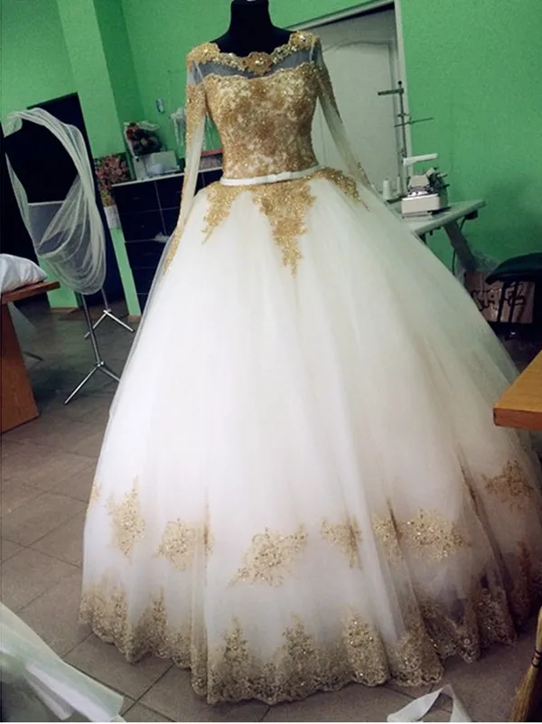 Lace Ball Gown Wedding Dress with Long Sleeves and Lace-up Back in White Ivory and Gold from Dhgate Ball Gown Wedding Dresses - price 289.45 Lace Ball Gown Wedding Dress with Long Sleeves and Lace-up Back in White Ivory and Gold from Dhgate Ball Gown Wedding Dresses - price 289.45