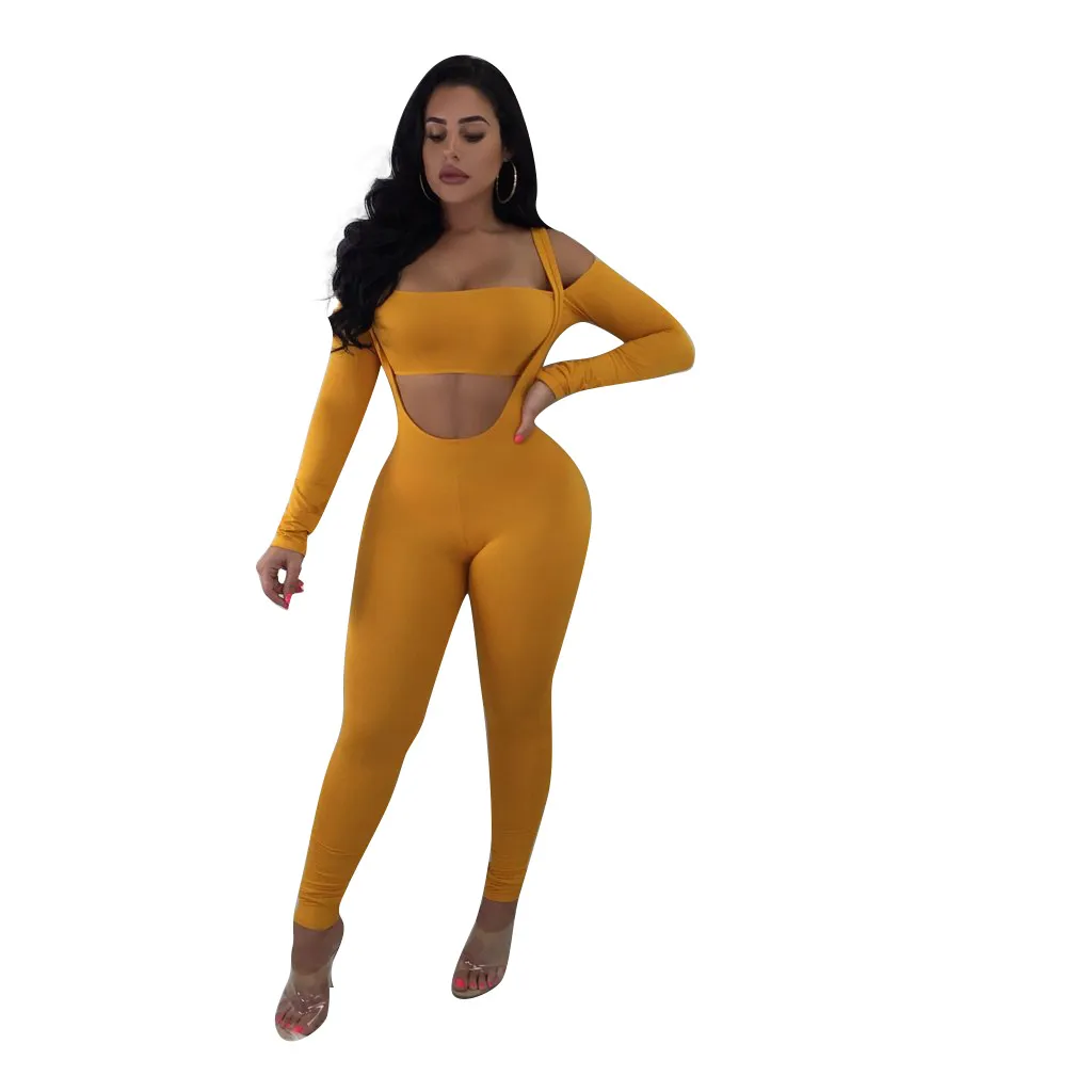 Femmes automne Sexy 2 pièces ensemble solide épaule froide haut court et pantalon slim ensemble Sweat costumes Clubwear fête deux pièces