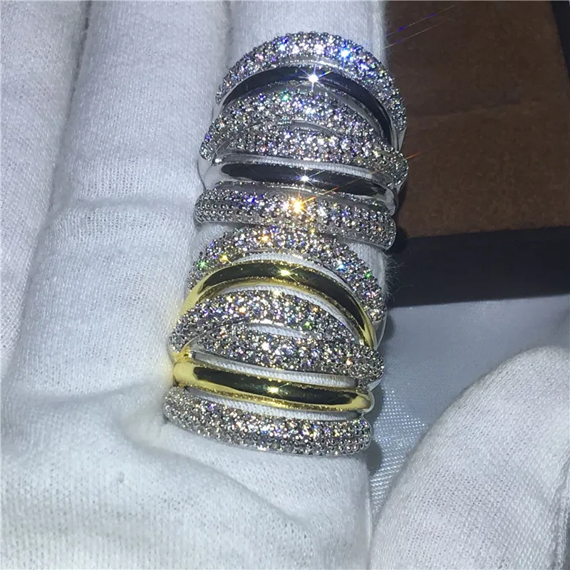 2018 Büyük Çapraz yüzük Sarı Beyaz Altın Dolu Nişan düğün band yüzük kadınlar için Açacağı ayar 5A zirkon kristal Bijoux