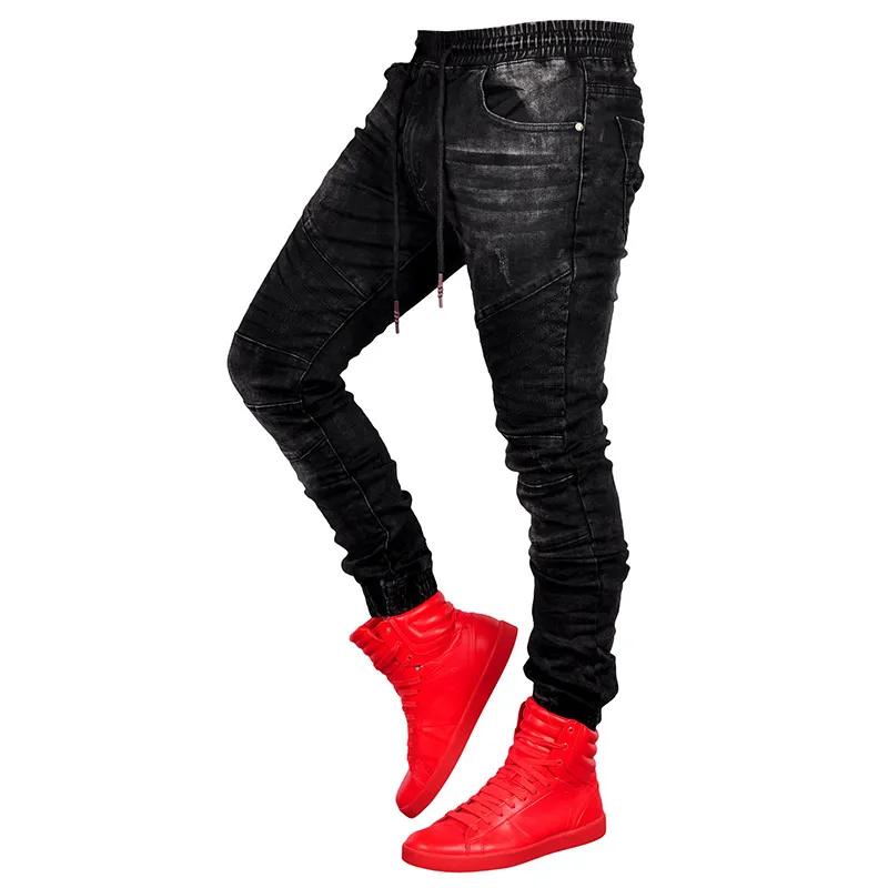 Mens elastiska midja jeans svarta långa byxor mode smal passform penna byxor jean