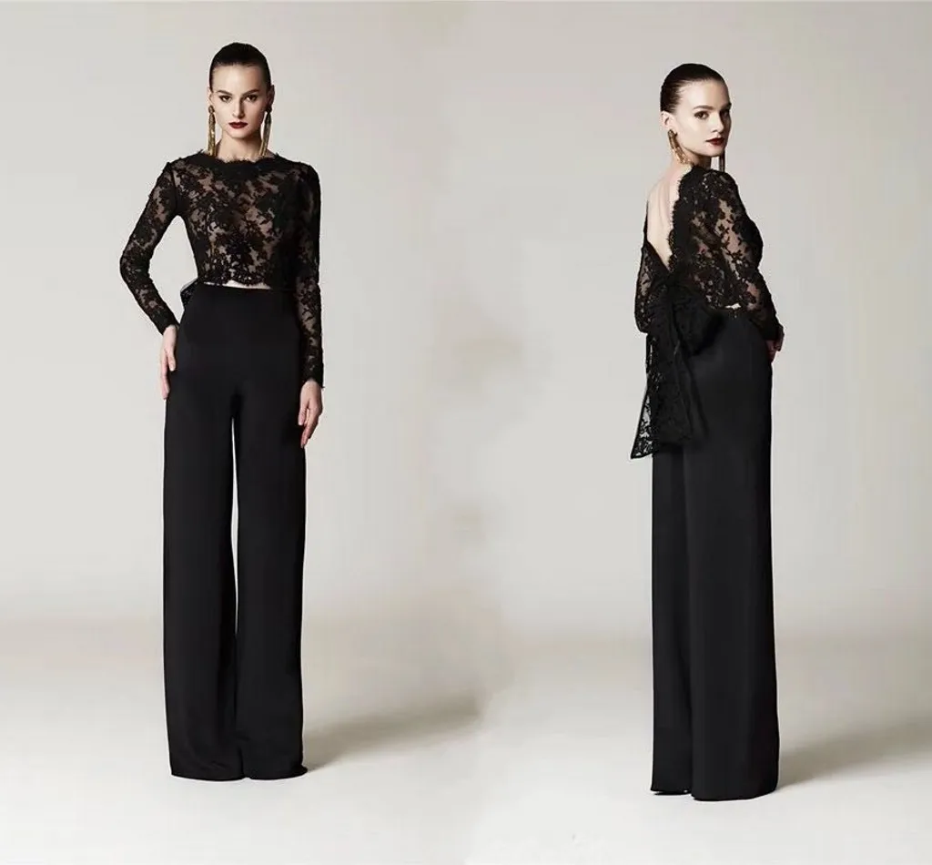 Black Lace Top Formal Pant Suits Evening Dresses With Big Bow Long Sleeves  Arabic Custom Made Prom Party Dresses