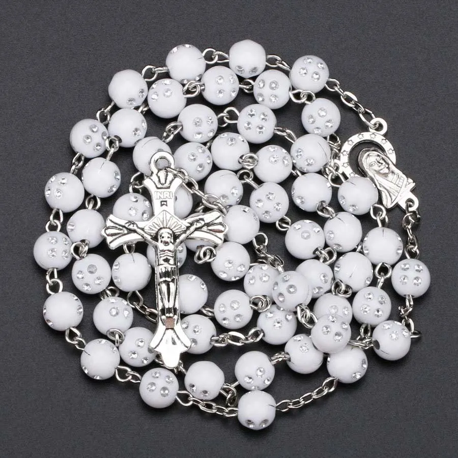 Collana Rosario Con Perline Bianche E Croce, Ciondolo Religioso Cattolico, Catena Lunga, Regalo Per Battesimo E Comunione