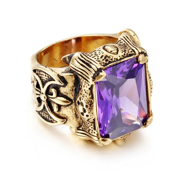 Vintage Gold Color Dragon Claw Rings Hiphop Men Stainless Steel Big Red Green Purple White CZ Zircon Crystal Stone Cross Ring Men Punk Rock Jewelry