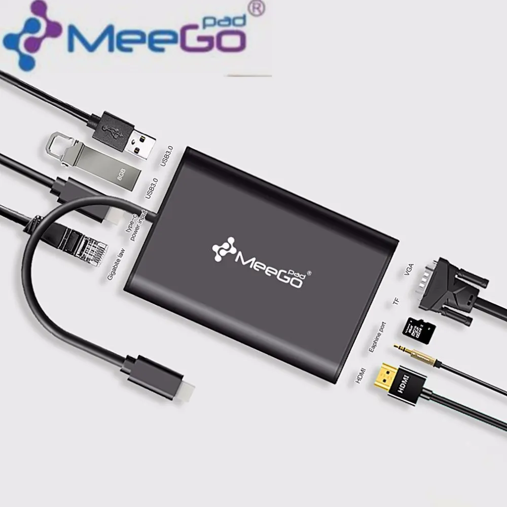 Freeshipping MegeGopad Typ-C Hub HD-video HD-MI VGA-utgång Gigabit Ethernet RJ45 Adapter USB 3.0 Portar DSP Support Audio TF-kort