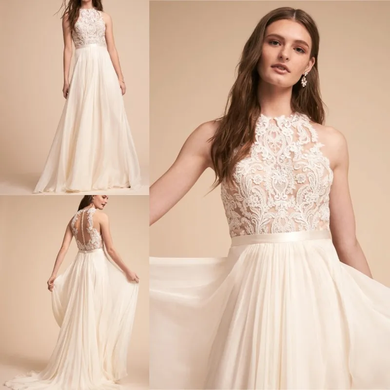 2018 BHLDN Sexy Praia Vestidos De Casamento Jewel Neck Lace Applique Simples Plus Size Boho Vestidos De Noiva Custom Made Até O Chão Vestido De Noiva